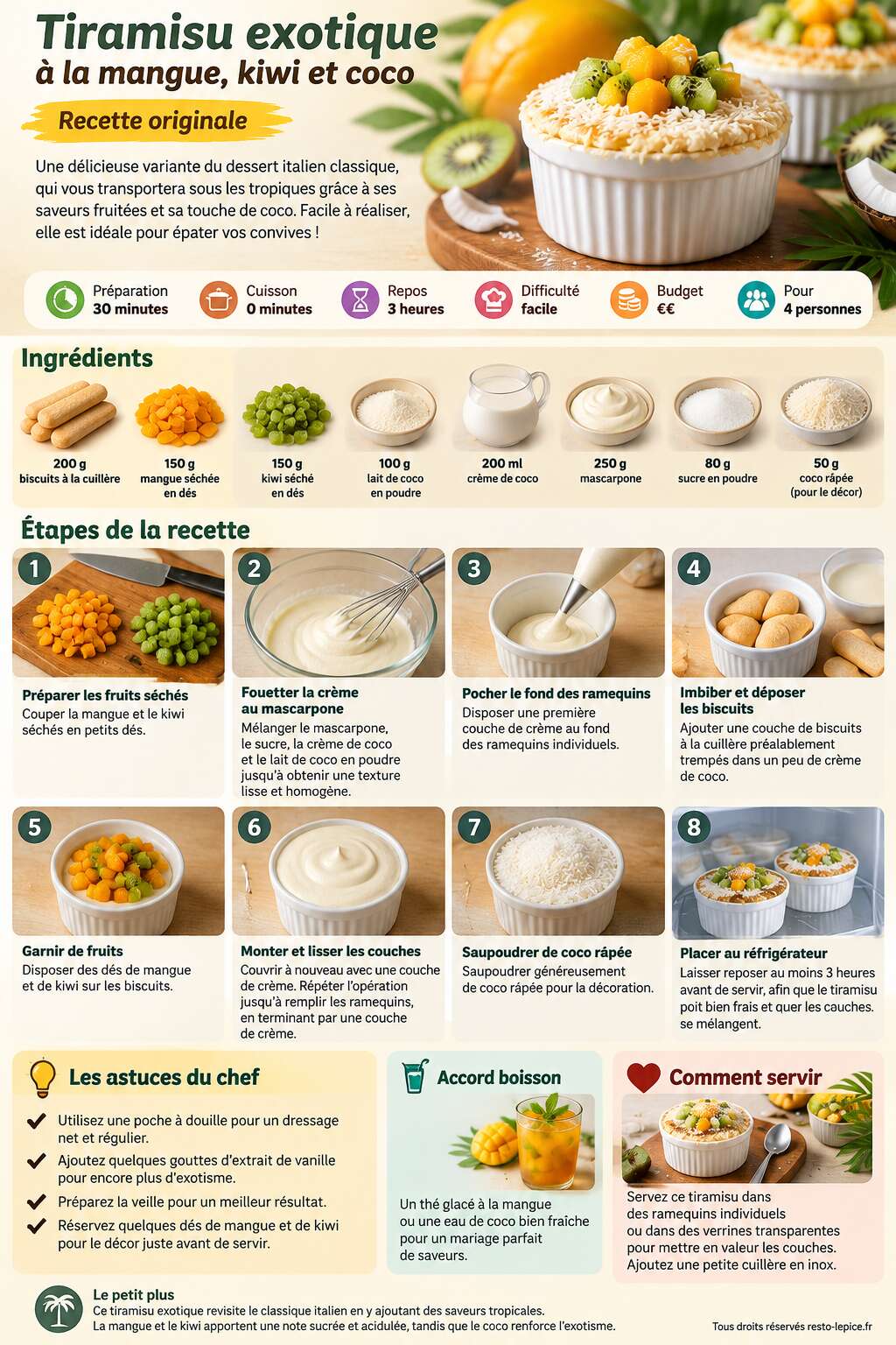 Fiche recette Tiramisu exotique &agrave; la mangue, kiwi et coco : recette originale