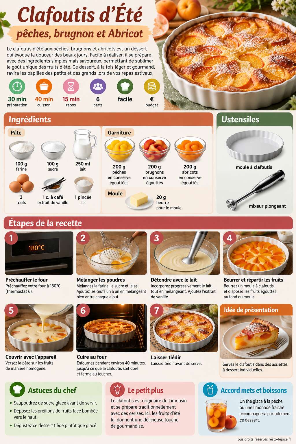 Fiche recette Clafoutis d'&Eacute;t&eacute; : p&ecirc;ches, brugnon et Abricot
