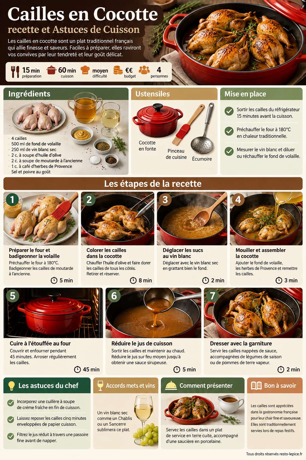 Fiche recette Cailles en Cocotte : recette et Astuces de Cuisson Fiche recette Cailles en Cocotte : recette et Astuces de Cuisson
