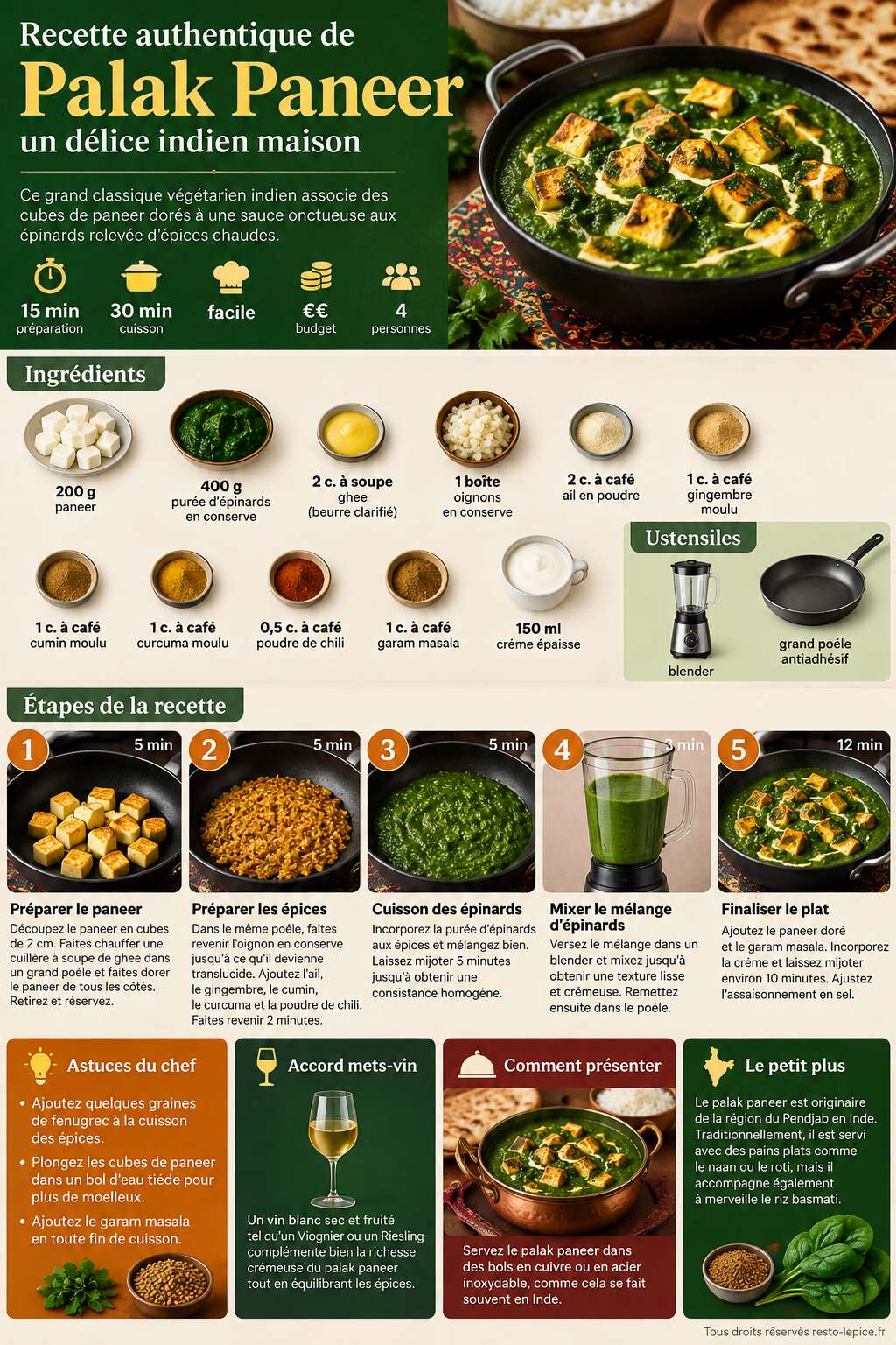 Fiche recette Recette authentique de Palak Paneer : un d&eacute;lice indien maison