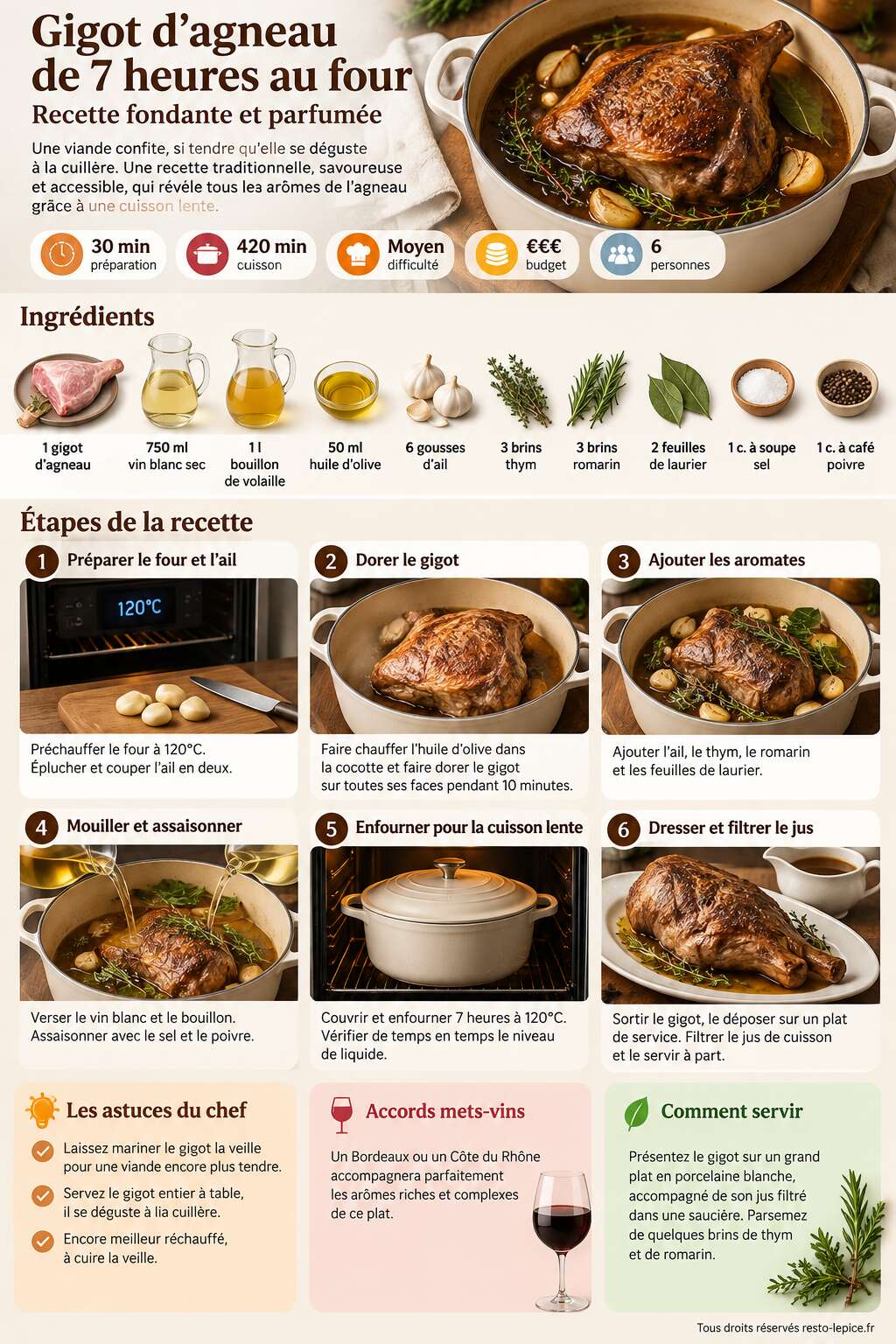 Fiche recette Gigot d'agneau de 7 heures au four : recette fondante et parfum&eacute;e