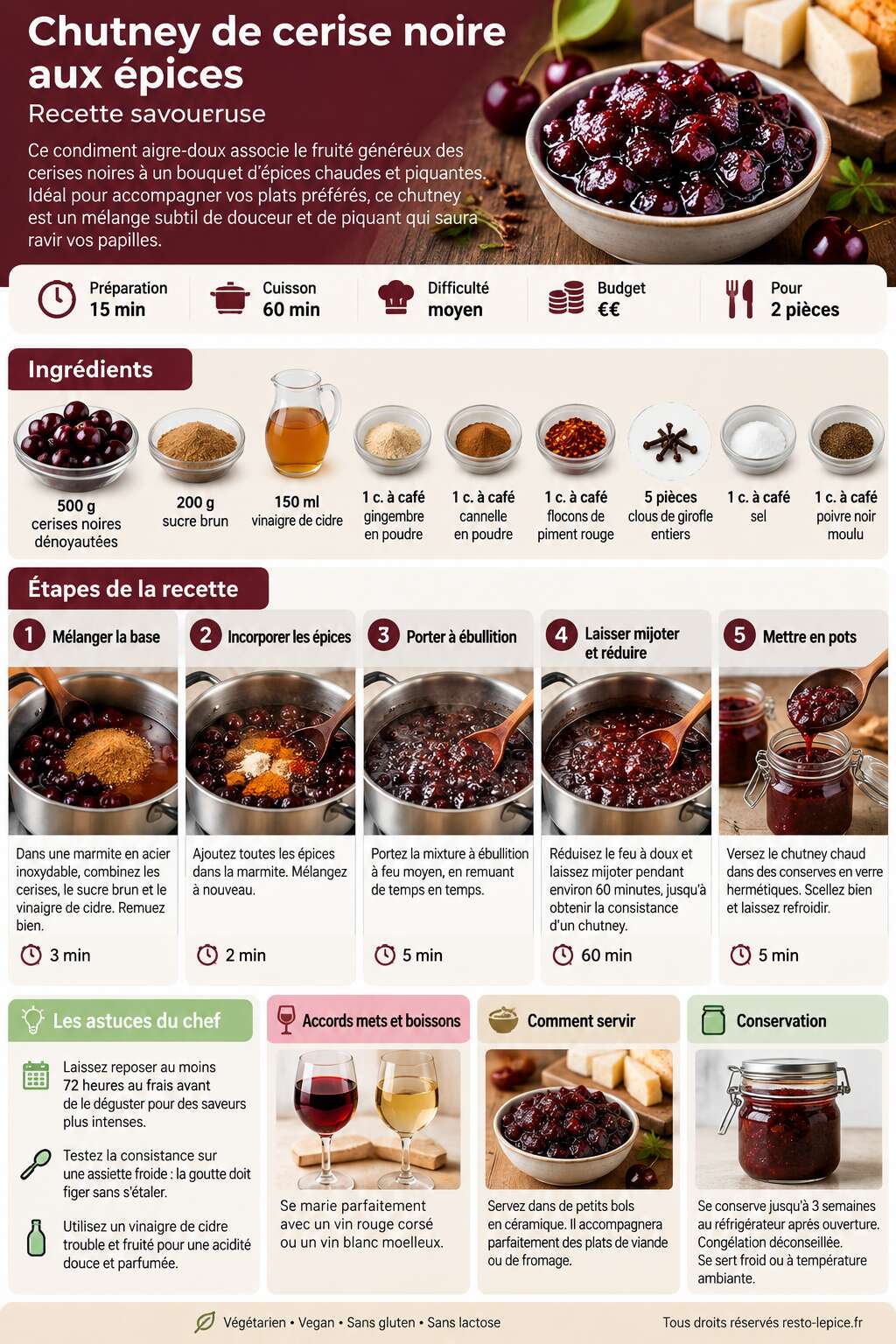 Fiche recette Chutney de cerise noire aux épices : recette savoureuse Fiche recette Chutney de cerise noire aux épices : recette savoureuse