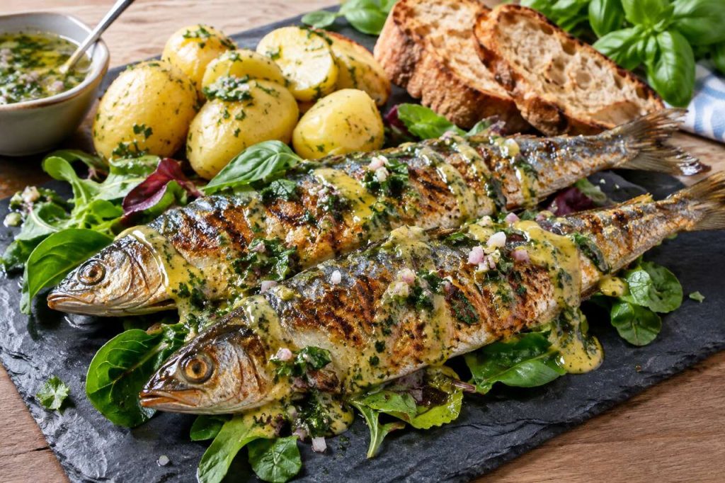 Recette de harengs grillés, vinaigrette à la moutarde et au basilic