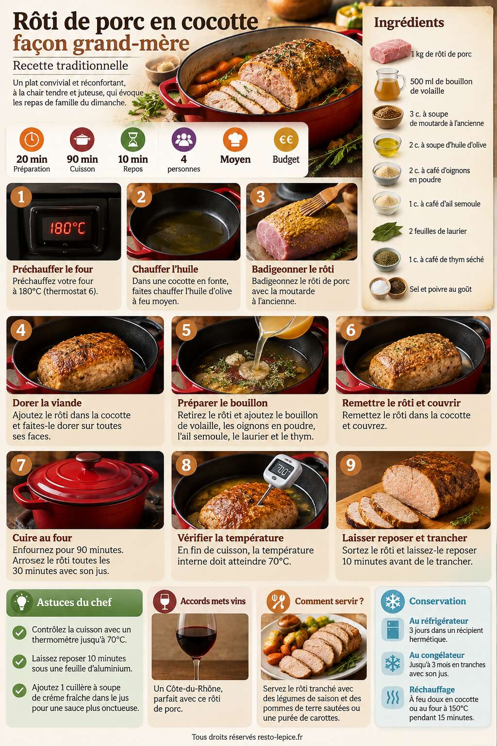 Fiche recette R&ocirc;ti de porc en cocotte fa&ccedil;on grand-m&egrave;re : recette traditionnelle