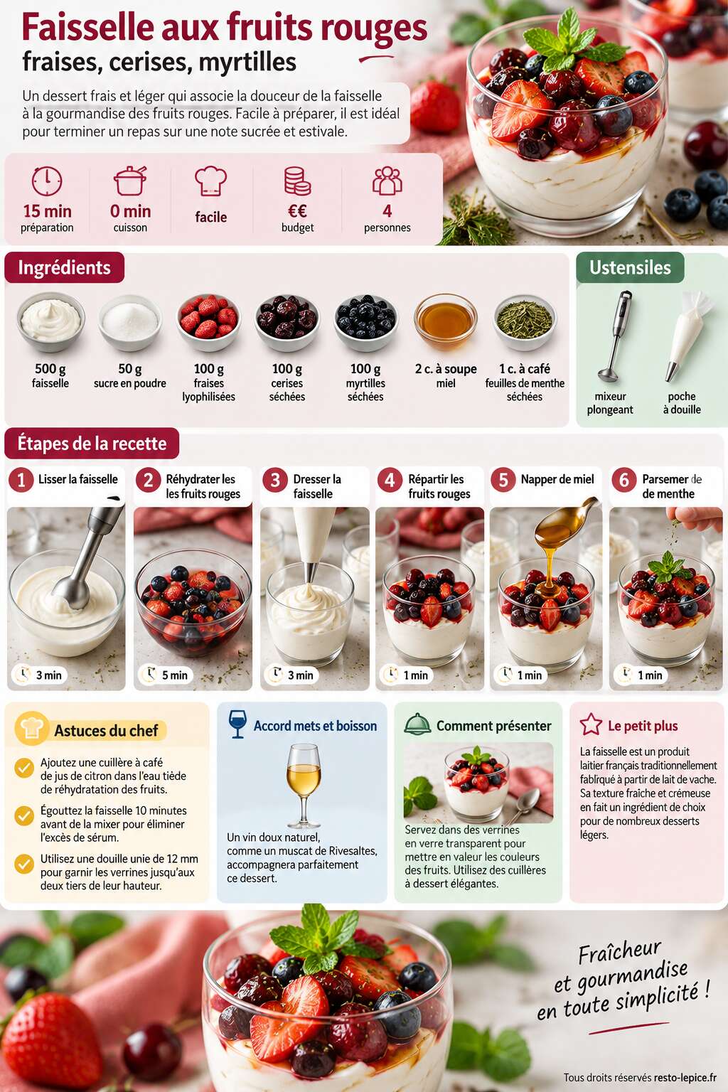 Fiche recette Recette de faisselle aux fruits rouges : fraises, cerises, myrtilles Fiche recette Recette de faisselle aux fruits rouges : fraises, cerises, myrtilles