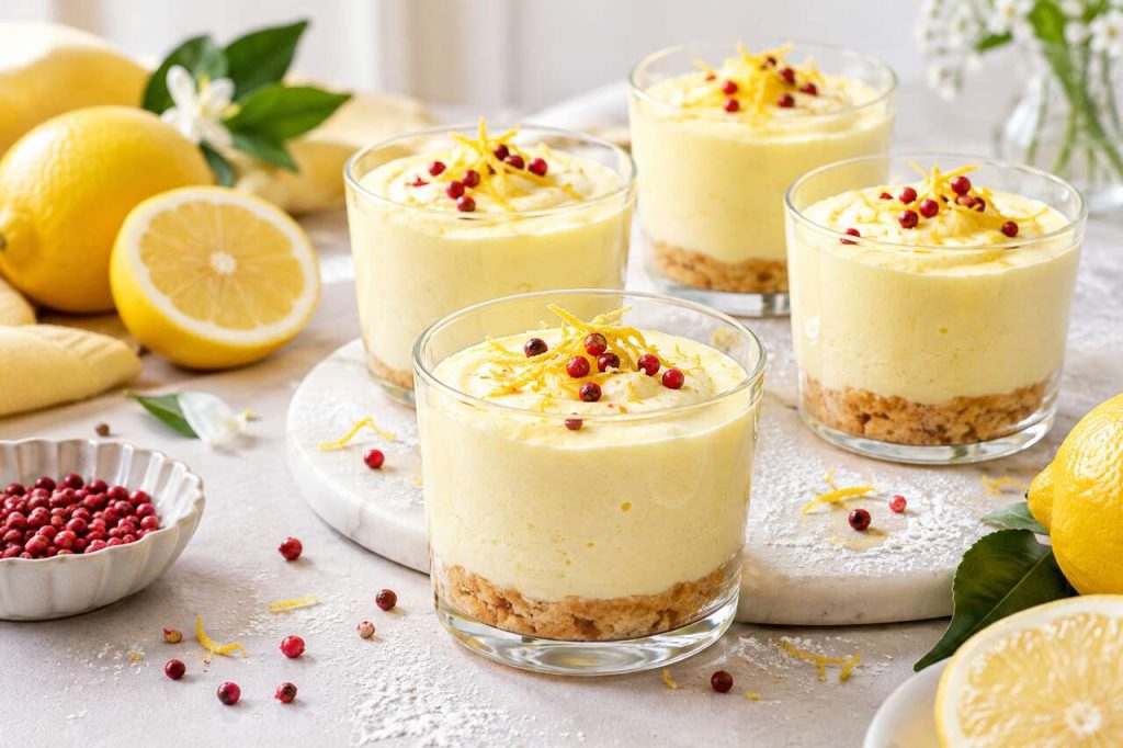 Recette de mousse au citron et sablés au citron et aux baies roses