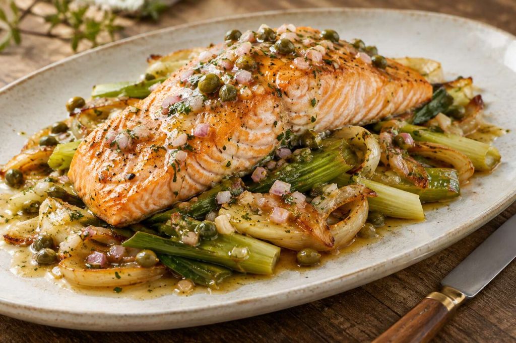 Saumon rôti aux poireaux et oignons, vinaigrette à l'échalote et aux câpres