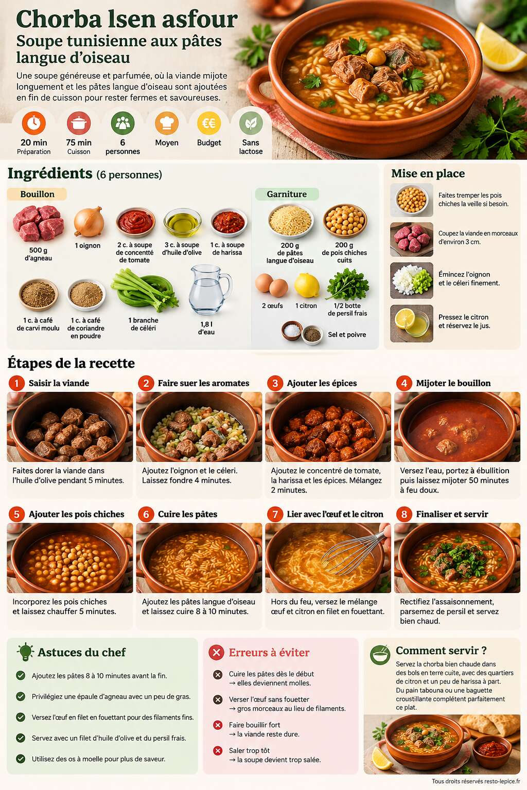Fiche recette Chorba lsen asfour : recette de soupe tunisienne aux p&acirc;tes langue d'oiseau