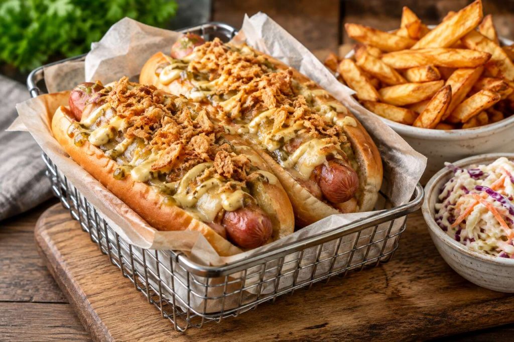 Hot dogs au fromage, sauce moutarde aux cornichons et oignons frits : la recette gourmande