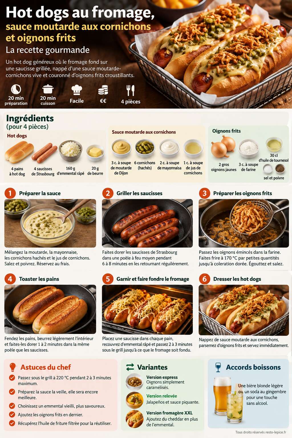 Fiche recette Hot dogs au fromage, sauce moutarde aux cornichons et oignons frits : la recette gourmande Fiche recette Hot dogs au fromage, sauce moutarde aux cornichons et oignons frits : la recette gourmande