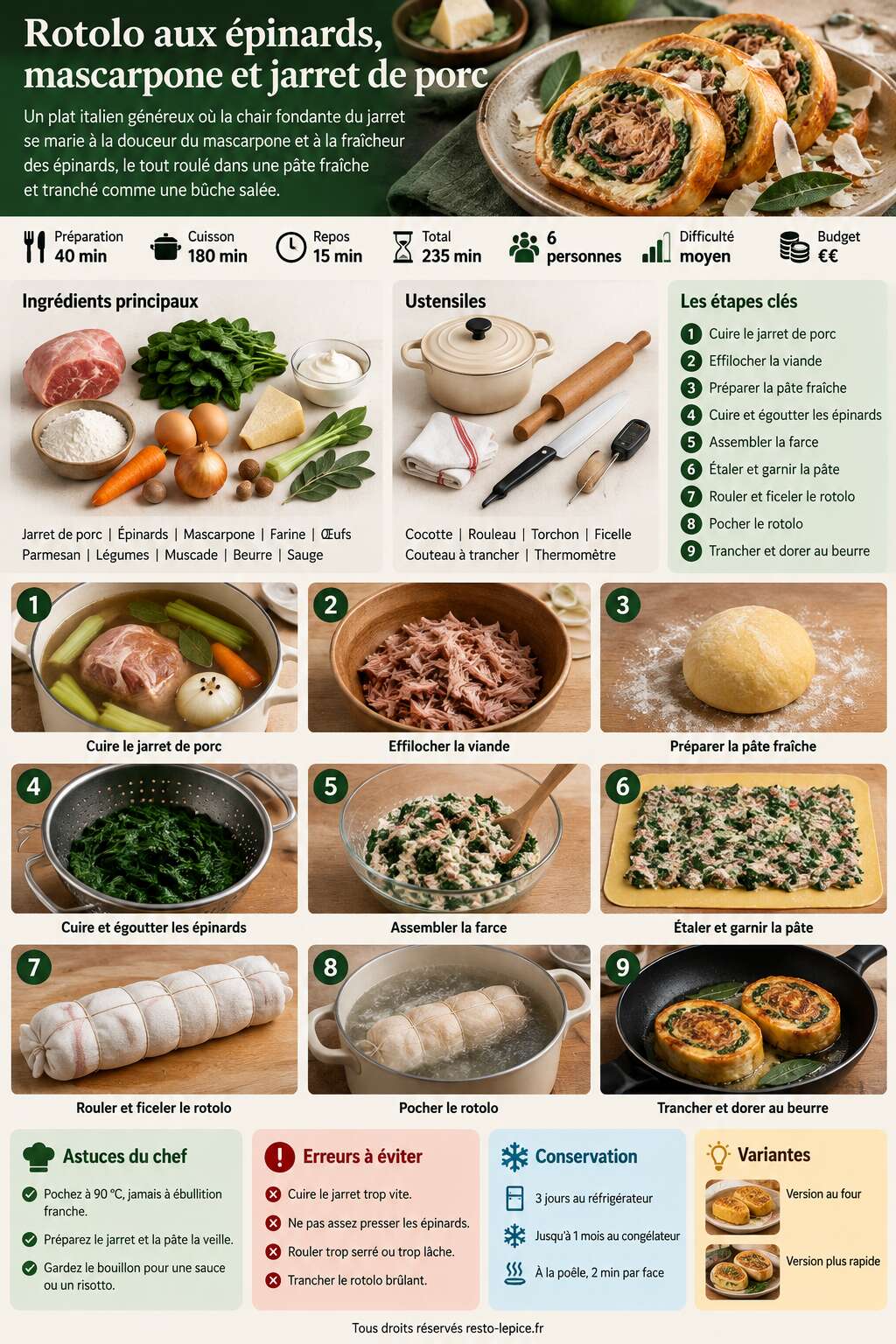 Fiche recette Recette de rotolo aux épinards, mascarpone et jarret de porc Fiche recette Recette de rotolo aux épinards, mascarpone et jarret de porc