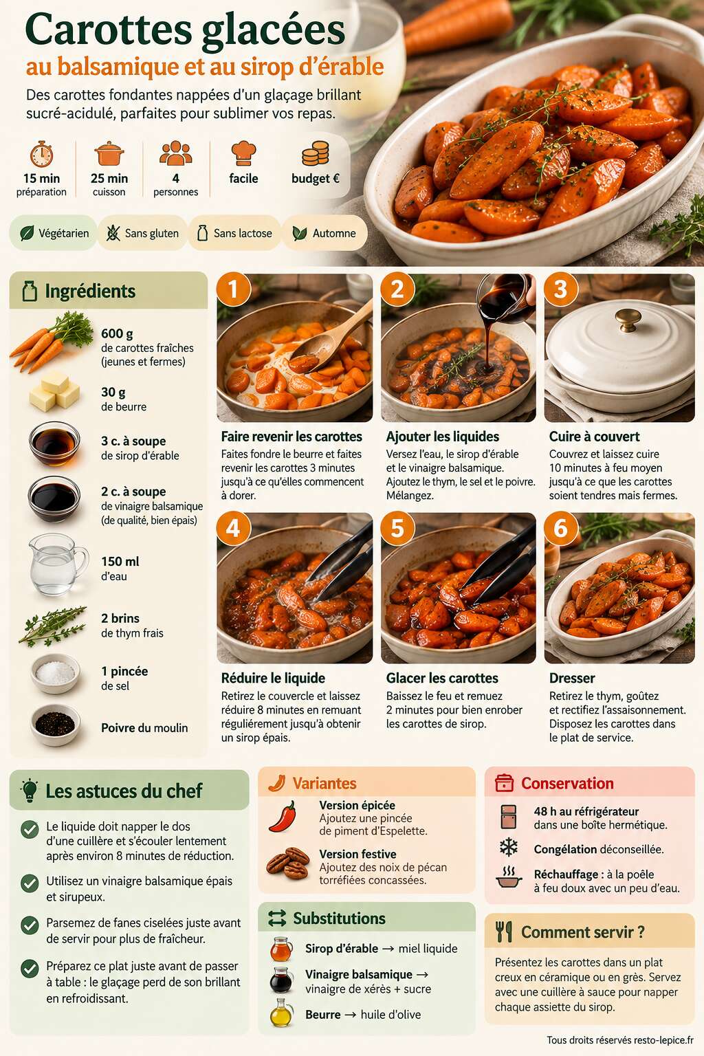 Fiche recette Recette de carottes glac&eacute;es au balsamique et au sirop d'&eacute;rable
