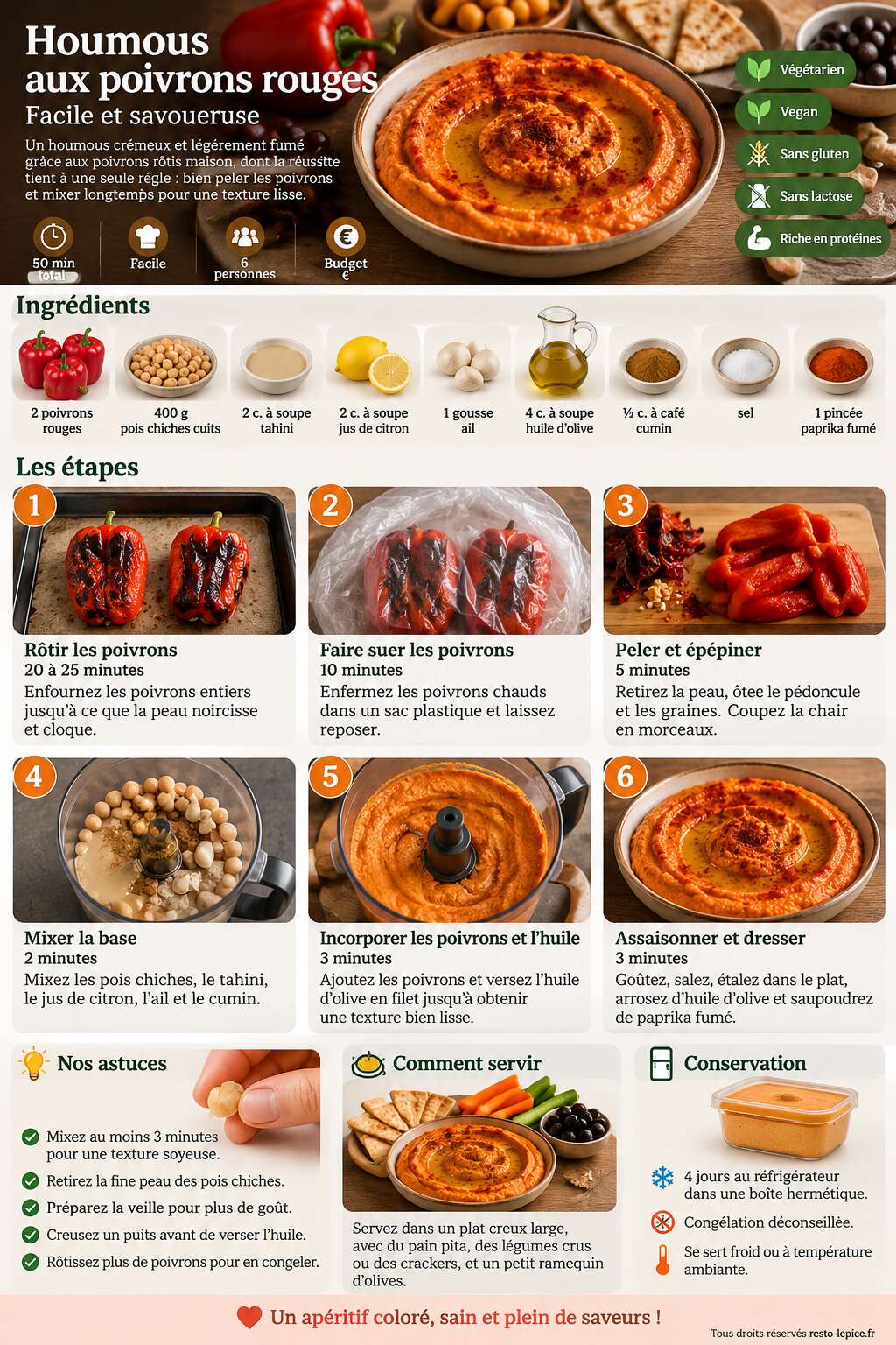 Fiche recette Recette de houmous aux poivrons rouges facile et savoureuse Fiche recette Recette de houmous aux poivrons rouges facile et savoureuse