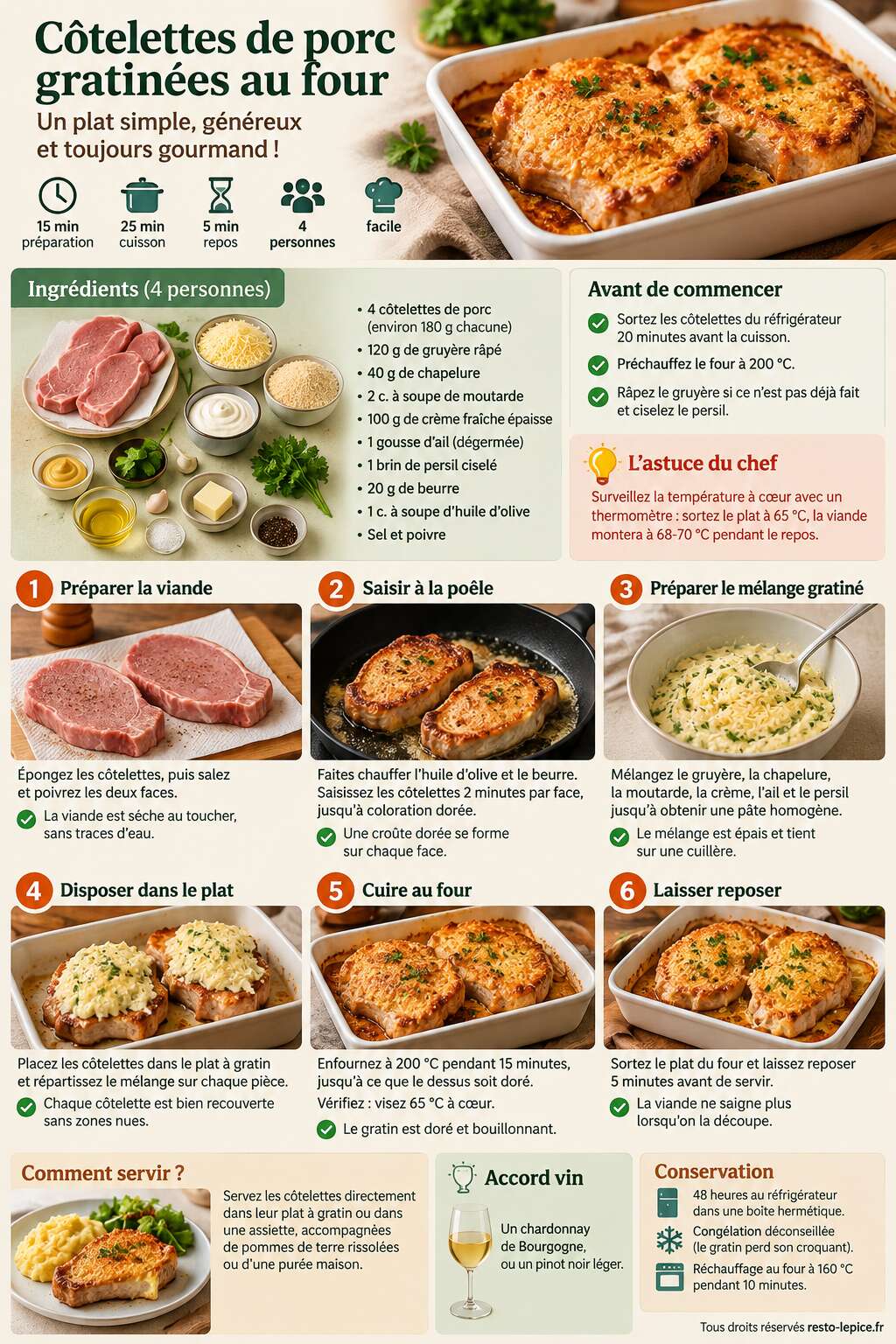 Fiche recette Recette de côtelettes de porc gratinées au four Fiche recette Recette de côtelettes de porc gratinées au four