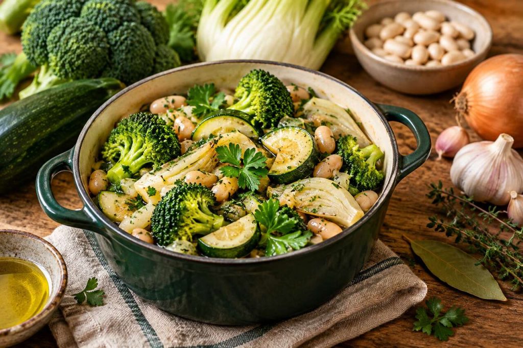 Recette de cassolette de légumes : brocoli, courgette, fenouil et haricots blancs