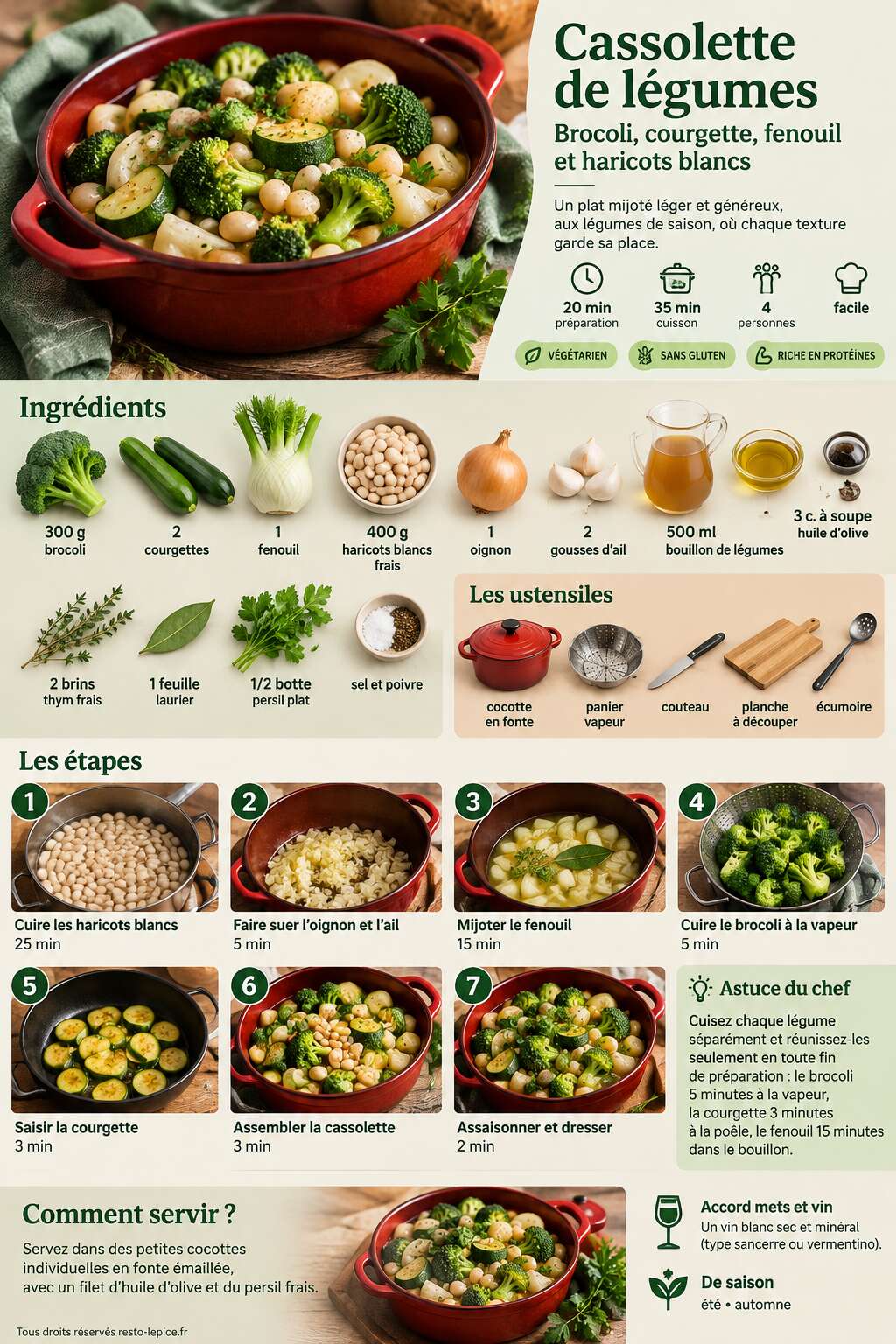 Fiche recette Recette de cassolette de légumes : brocoli, courgette, fenouil et haricots blancs Fiche recette Recette de cassolette de légumes : brocoli, courgette, fenouil et haricots blancs