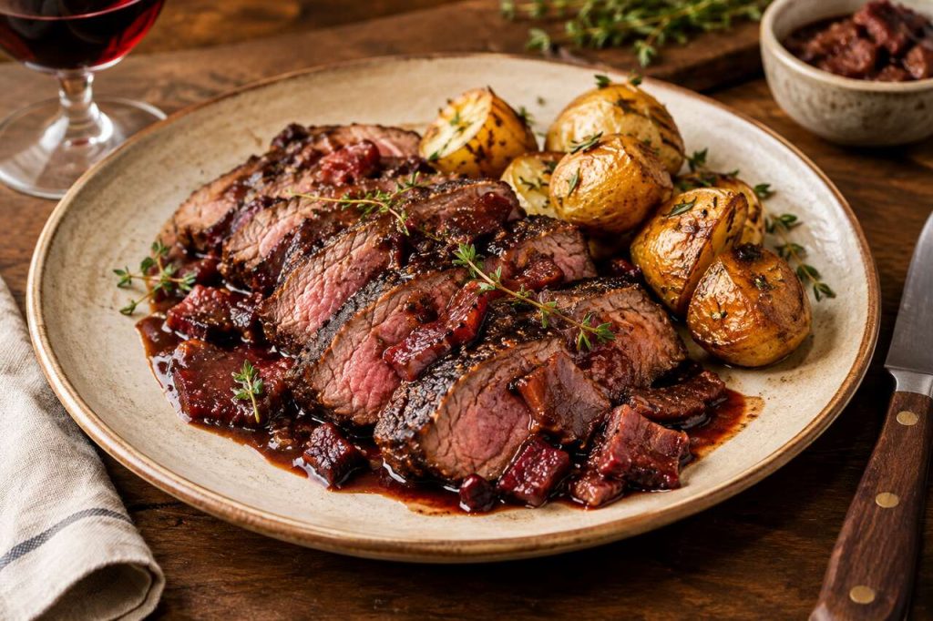 Recette de faux-filet et sa sauce au vin rouge et au pastrami