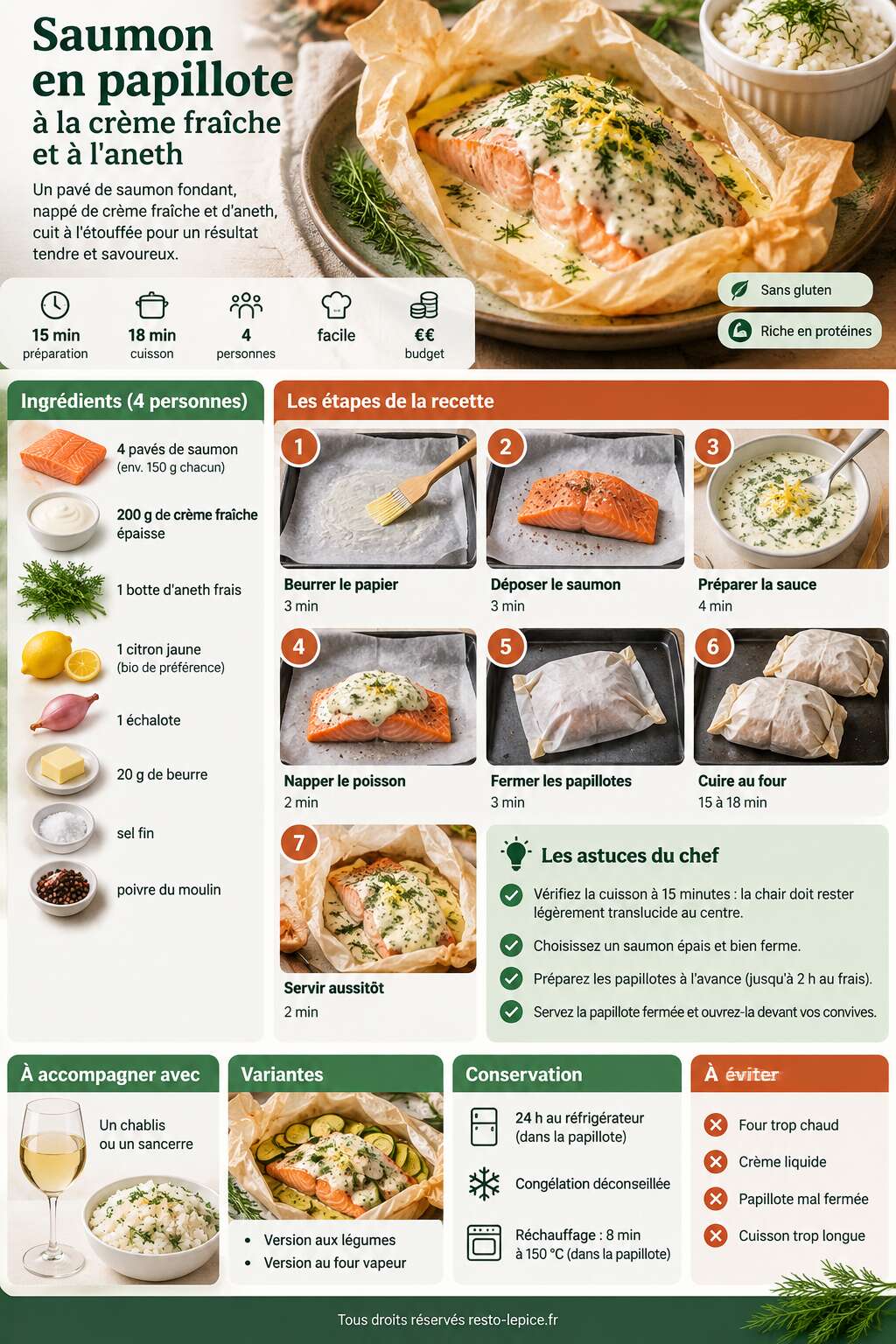 Fiche recette Recette de saumon en papillote &agrave; la cr&egrave;me fra&icirc;che et &agrave; l'aneth