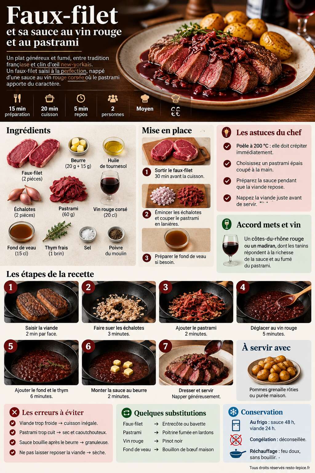 Fiche recette Recette de faux-filet et sa sauce au vin rouge et au pastrami Fiche recette Recette de faux-filet et sa sauce au vin rouge et au pastrami