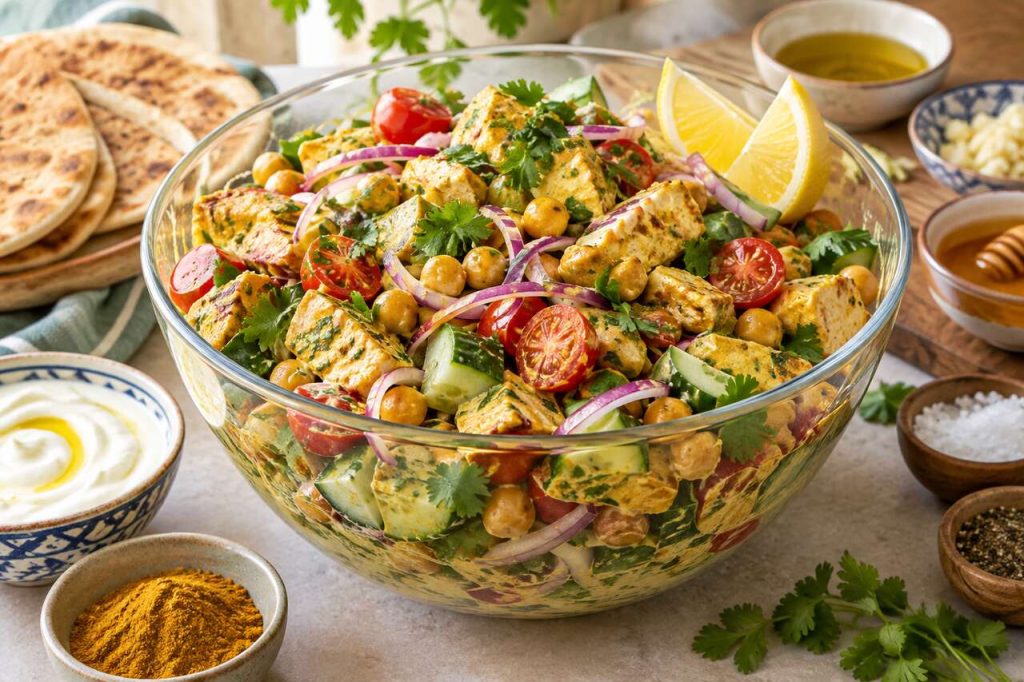 Recette de salade de poulet et pois chiches, sauce yaourt au curry