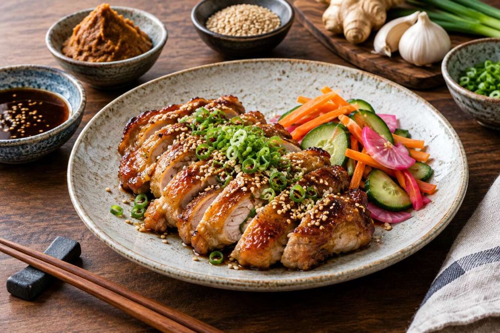 Recette de poulet au miso et au sésame avec crudités à l'aigre-douce