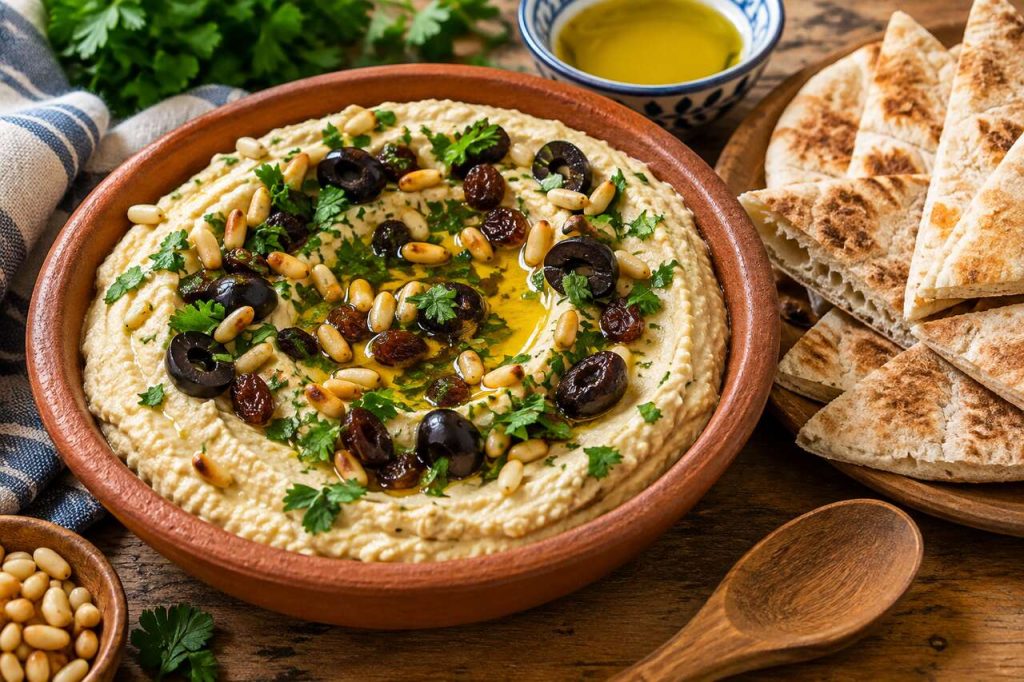 Recette de houmous tiède aux pignons de pin, raisins secs et olives