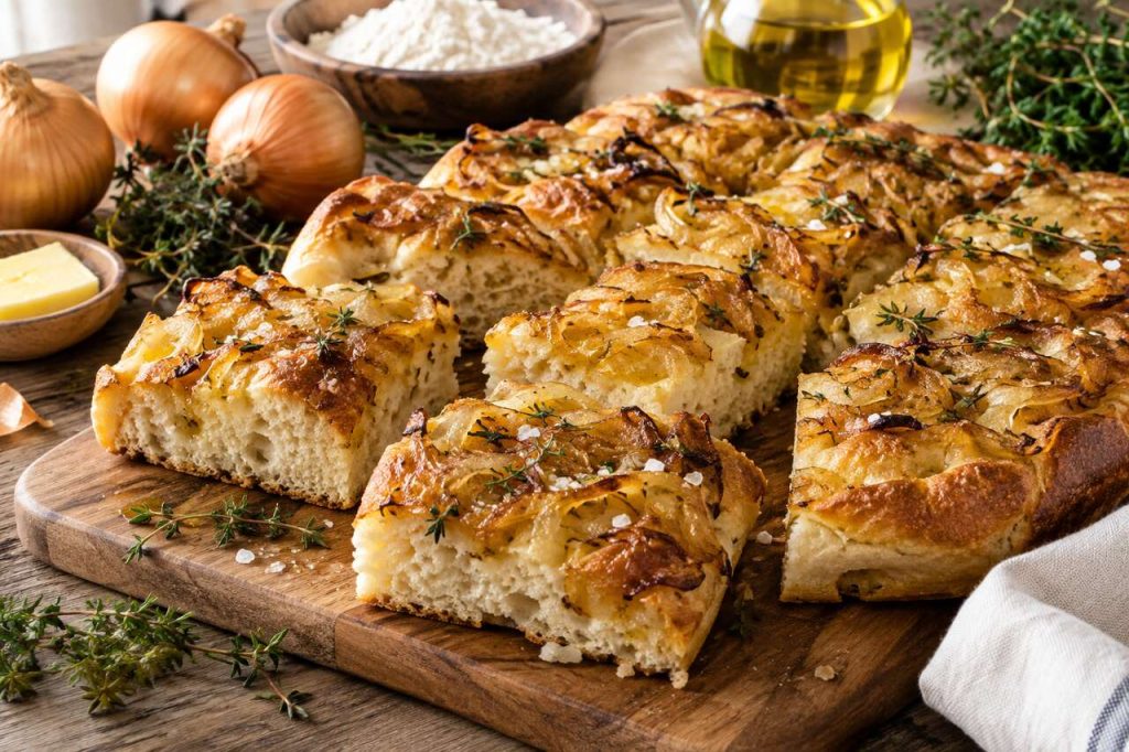 Recette de focaccia aux oignons caramélisés