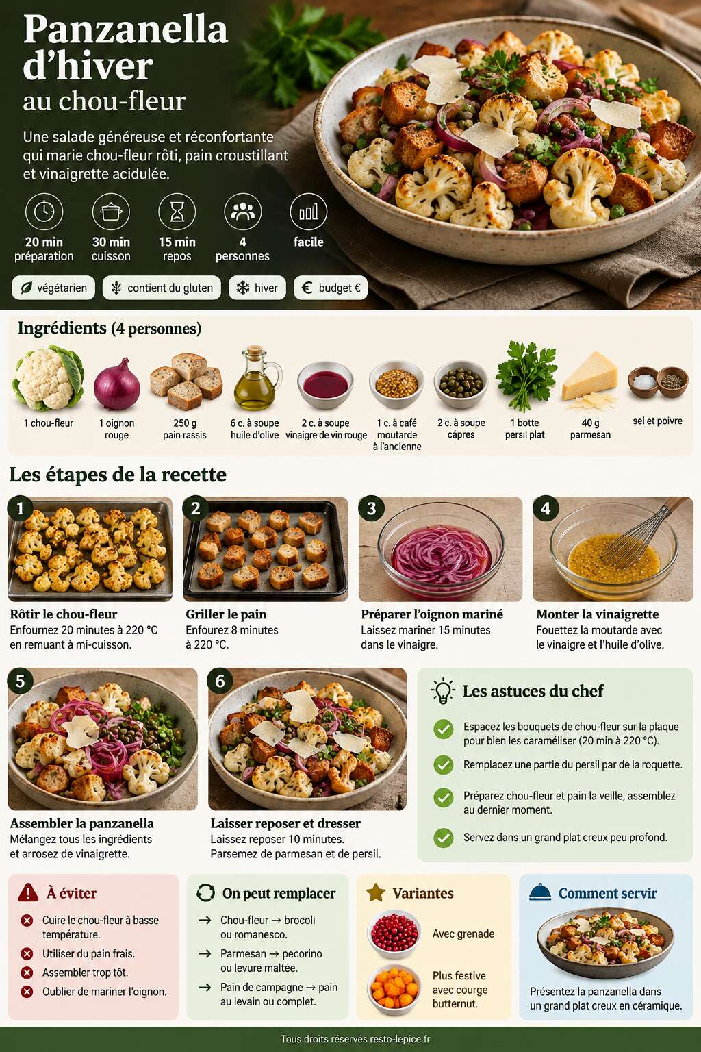 Fiche recette Recette de panzanella d'hiver au chou-fleur Fiche recette Recette de panzanella d'hiver au chou-fleur