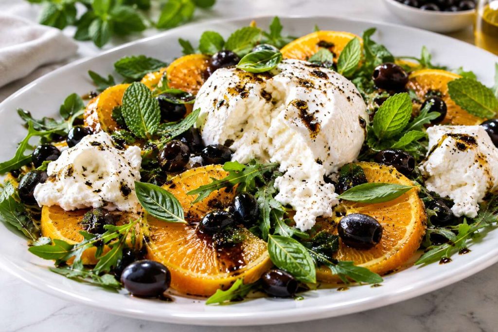 Salade d'orange, herbes fraîches et burrata : la recette avec vinaigrette aux olives noires