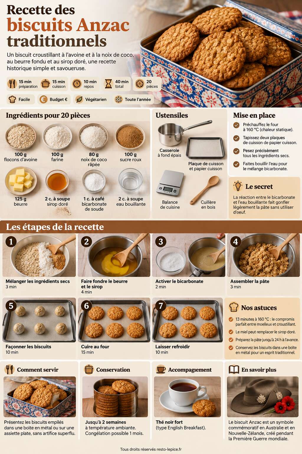 Fiche recette Recette des biscuits Anzac traditionnels